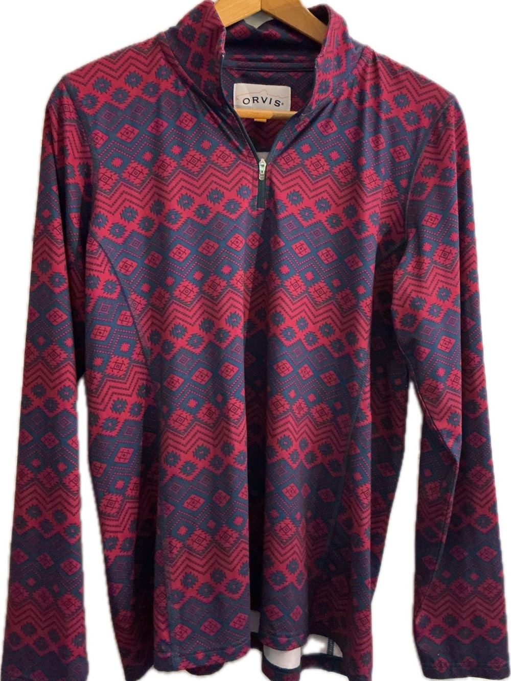 Orvis Quarter-Zip Pullover Women’s Large Southwestern Red Blue Print Top
